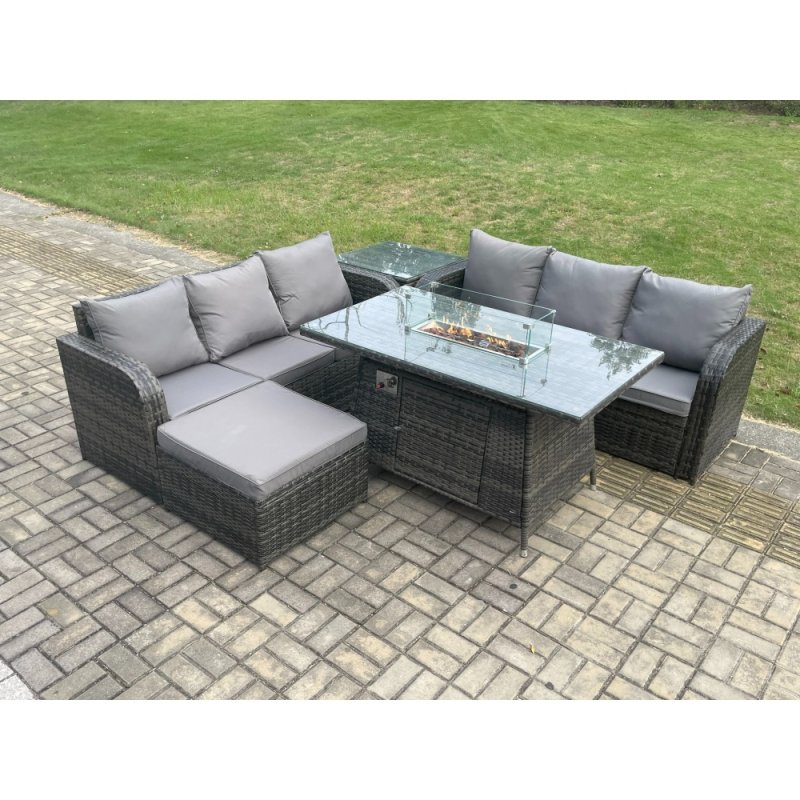 Fimous Garden Patio Furniture Wicker Rattan Gas Fire Pit Table and Sofa set with Side Table Big Footstool