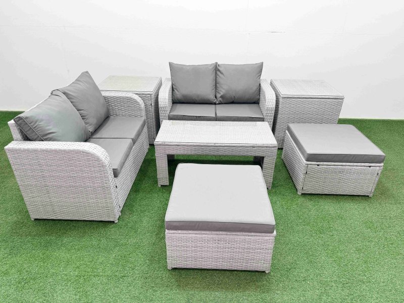 Fimous 6 Seater Outdoor Love Sofa Set Rattan Garden Furniture Set with Oblong Coffee Table 2 Footstool 2 Side Tables Light Grey
