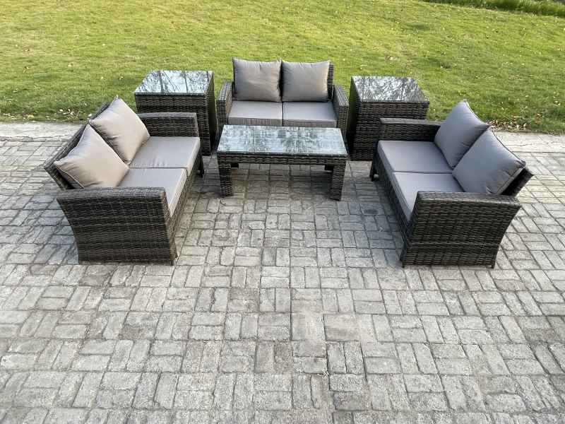 Fimous 6 PCS Outdoor Lounge Sofa Set Wicker PE Rattan Garden Furniture Set with Coffee Table Double Seater Sofa 2 Side Tables Dark Grey Mixed