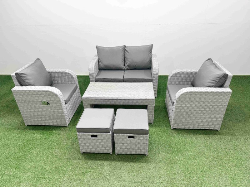 Fimous Light Grey PE Wicker Rattan Garden Furniture Set Sofa Set Reclining Adjustable Chair Oblong Coffee Table 6 Seater 2 Small Stools