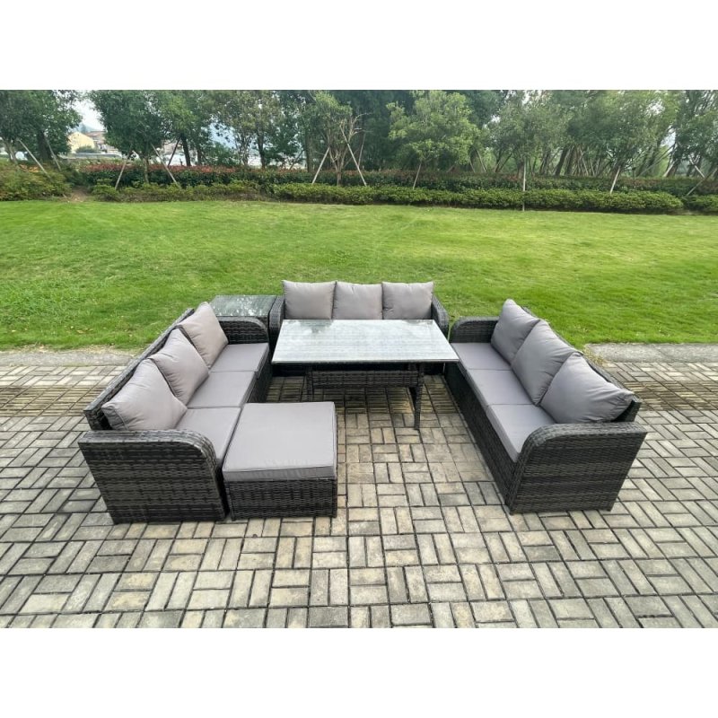 Fimous Patio Rattan Garden Furniture Set with Oblong Rectangular Dining Table Big Footstool Side Table 10 Seater Outdoor Lounge Sofa Set Dark Grey Mixed