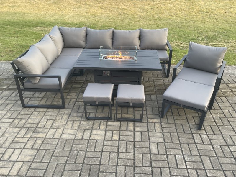 Fimous Aluminium 9 Pieces Garden Furniture Corner Sofa Set with Cushions Gas Fire Pit Dining Table Set with Chair 3 Footstools Dark Grey