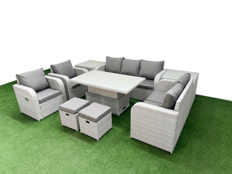 Fimous PE Rattan Garden Furniture Set Reclining Chair Sofa Double Love Seat 2 Seater Sofa Lounge Set Adjustable Lifting Dining or Coffee Table 2 Stools 2 Side Table Light Grey