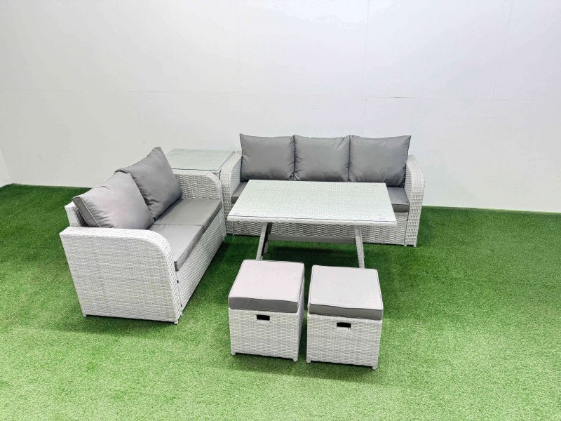 Fimous Outdoor PE Rattan Garden Furniture Set Rectangular Dining Table Sofa Set with 2 Small Stool Side Table Light Grey