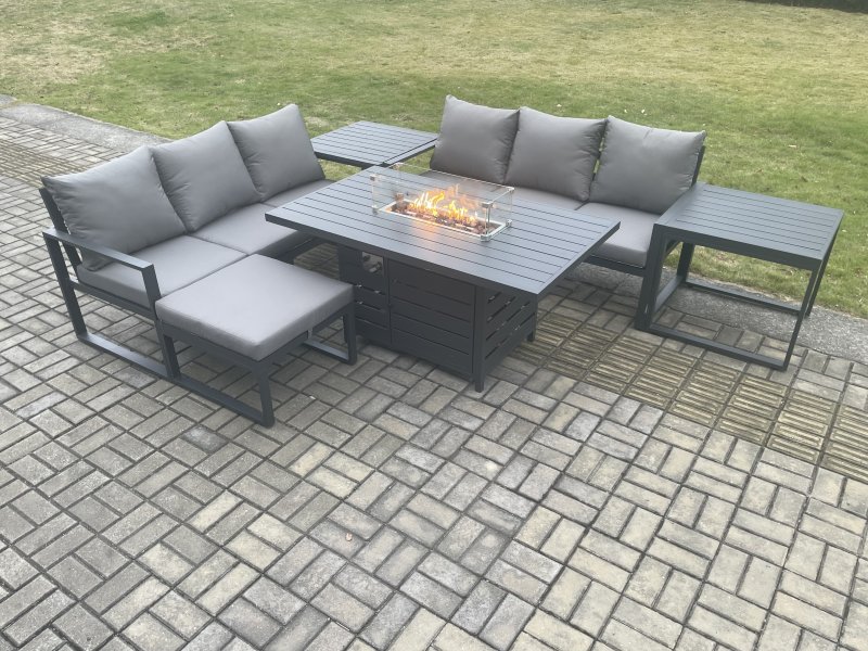 Fimous Aluminium 7 Seater Outdoor Garden Furniture Lounge Sofa Set Gas Fire Pit Dining Table with Big Footstool 2 Side Tables Dark Grey