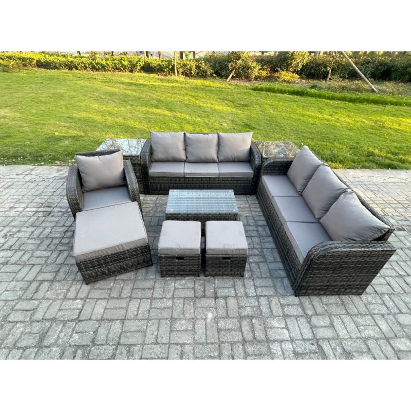 Fimous 10 Seater Rattan Lounge Sofa Set Outdoor Garden Furniture Set with Rectangular Coffee Table 3 Seater Sofa 3 Footstools 2 Side Tables Dark Grey Mixed