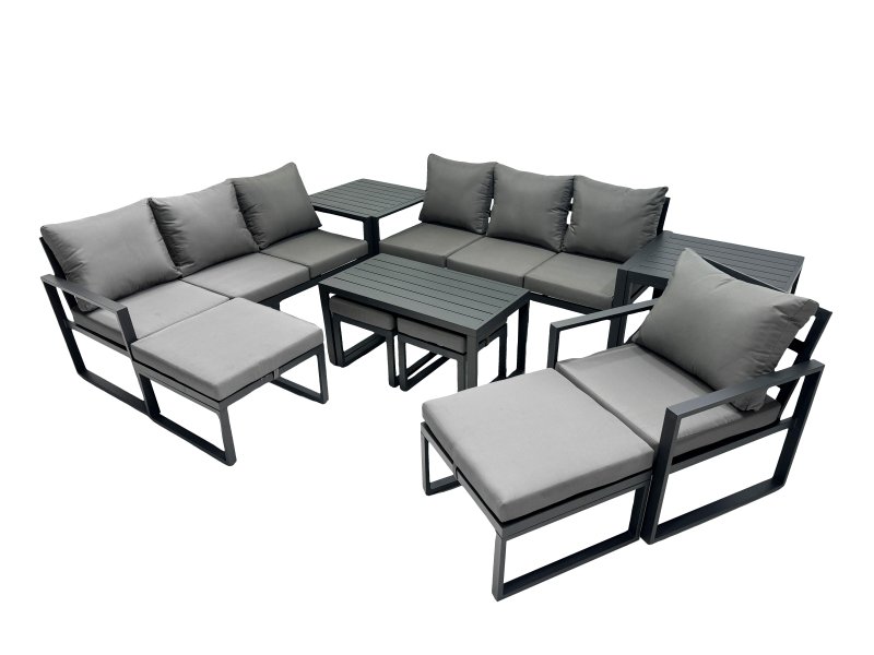 Fimous Outdoor Garden Furniture Set Aluminium Lounge 3 Seat Sofa Oblong Coffee Table Sets with Chair 4 Stools 2 Side Tables Dark Grey