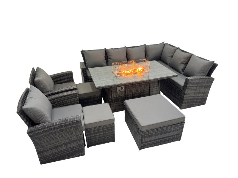 Fimous Outdoor Furniture Garden Dining Set Rattan Corner Sofa Chair Set Gas Fire Pit Table with Temper Glass 3 Footstools Dark Grey Mixed