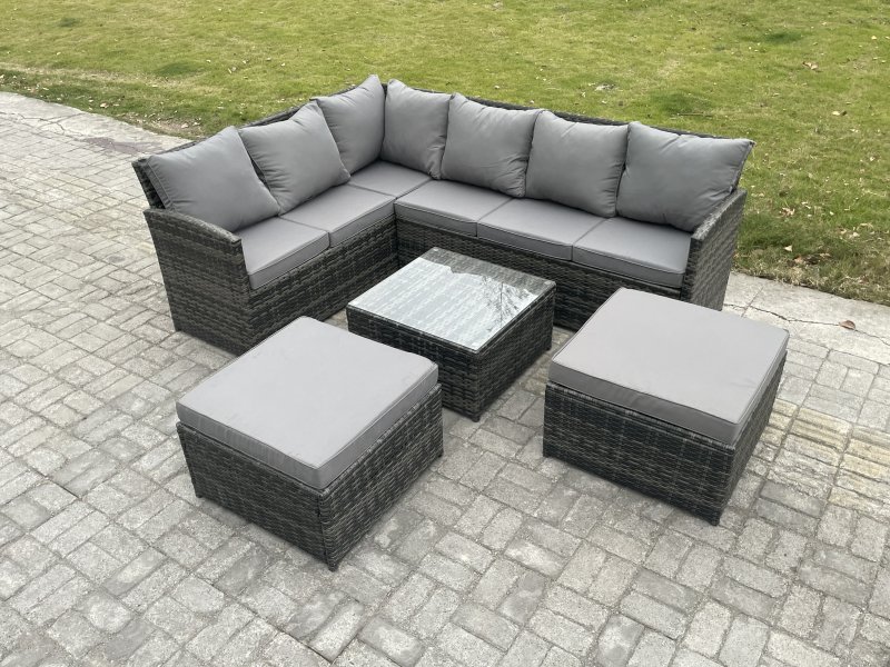 Fimous 8 Seater Outdoor Garden Furniture Set Wicker PE Rattan Corner Sofa Set with Square Coffee Table 2 Big Footstool Dark Grey Mixed