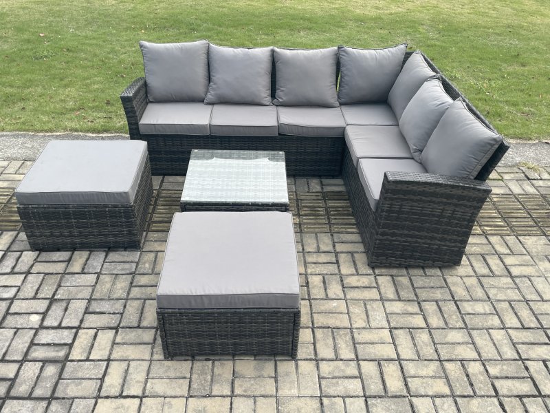 Fimous 8 Seater Wicker PE Outdoor Garden Furniture Set High Back Rattan Corner Sofa Set with 2 Big Footstool Square Coffee Table