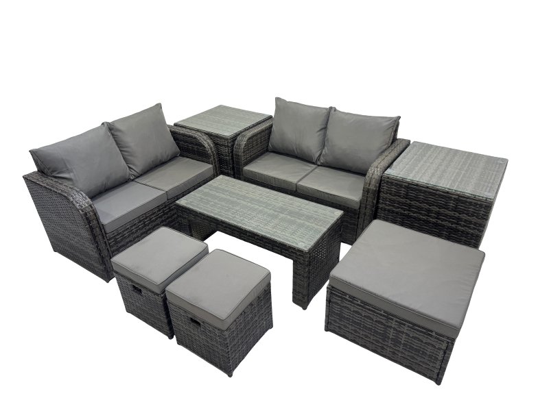 Fimous 3 Seater Sofa Reclining Chair Coffee Table Set Rattan Garden Outdoor Furniture Set with 2 Side Tables 3 Stools Dark Grey Mixed