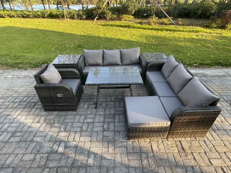 Fimous Outdoor Lounge Sofa Set Wicker PE Rattan Garden Furniture Set with Rectangular Dining Table Reclining Chair 2 Side Tables Big Footstool Dark Grey Mixed