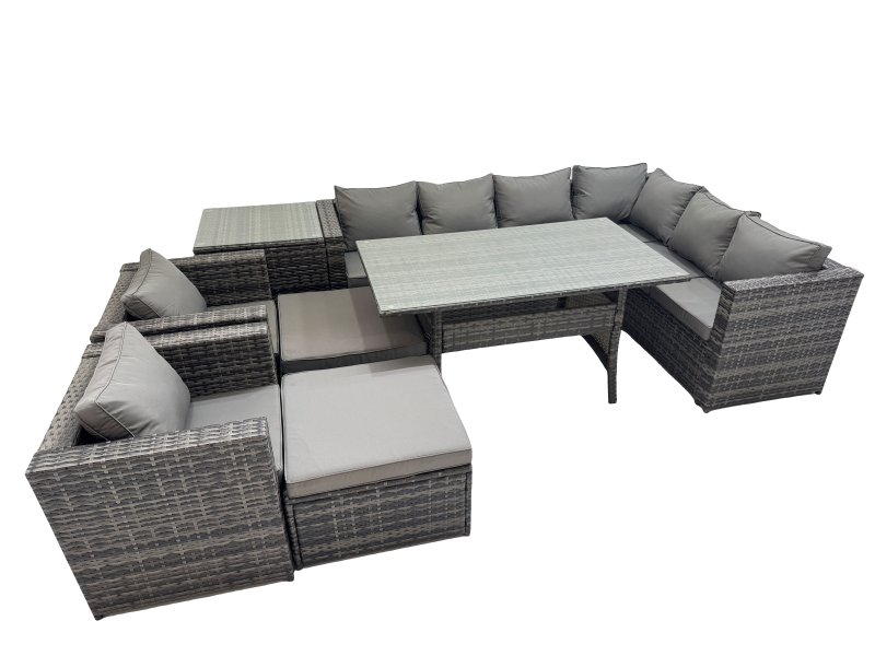 Fimous Rattan Garden Furniture Set Outdoor 10 Seater Patio Dining Corner Sofa Sets with Dining Table 2 Chairs 2 Big Stools Side Table Dark Grey Mixed