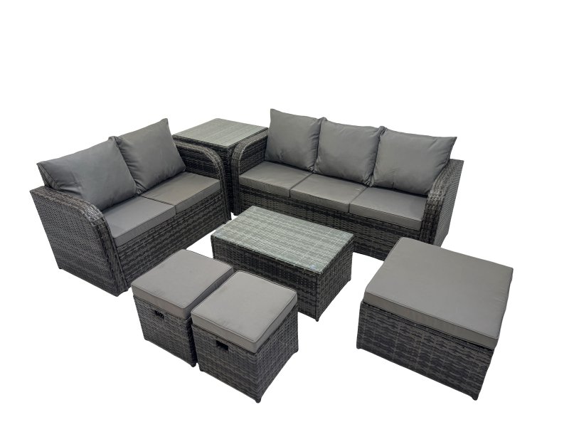 Fimous Outdoor Love Sofa 3 Seater Sofa Coffee Table Set Garden Rattan Furniture Set 8 Seater with Side Table 3 Stools Dark Grey