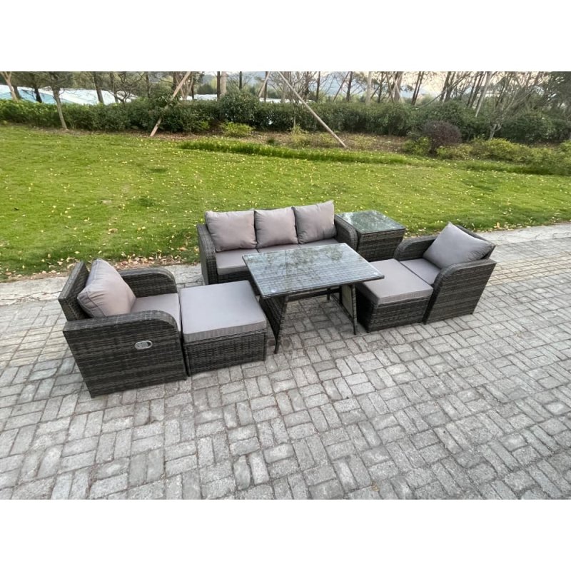 Fimous Outdoor Garden Furniture Sets 7 Pieces Wicker Rattan Furniture Sofa Sets with Rectangular Dining Table 2 Big Footstool Side Table