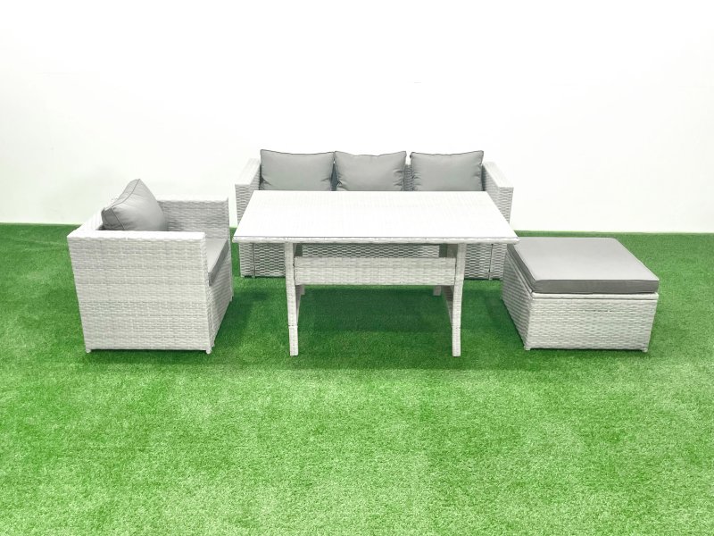 Fimous Garden Dining Set Outdoor Rattan Furniture Set with Sofa Dining Table Big Footstool Light Grey Mixed