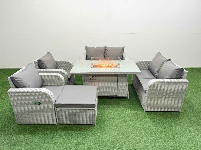 Fimous 7 Seater Outdoor Reclining Chair Love Sofa Set Rattan Garden Furniture Set with Firepit Dining Table Footstool Light Grey