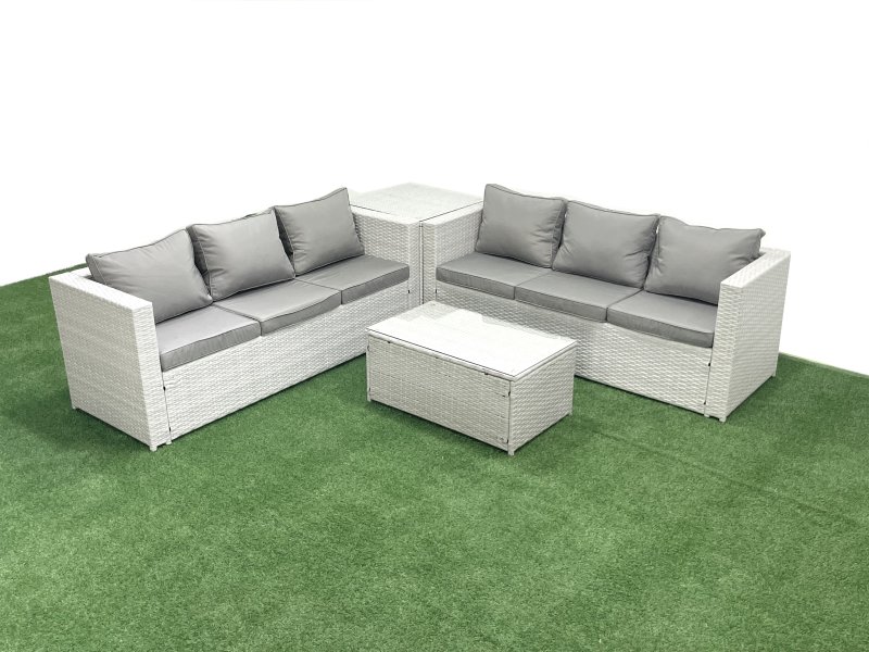 Fimous Garden Outdoor PE Rattan Furniture Set 6 Seater Rattan Garden Sofa Set with Side Table Light Grey Mixed