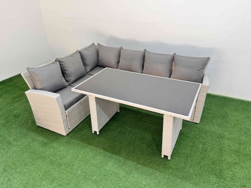 Fimous 6 Seater Wicker Rattan Corner Sofa Sets Outdoor Garden Furniture Sets with Rectangular Dining Table Lounge Sofa Light Grey