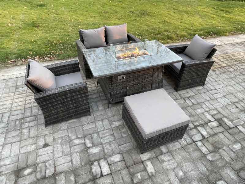 Fimous 5 Seater?Outdoor Rattan Sofa Set Garden Furniture Gas Firepit Dining Table Heater with Big Footstool Dark Grey Mixed