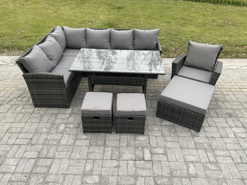 Fimous 10 Seater Outdoor Rattan Garden Furniture Set with Rectangular Dining Table 3 Footstool Armchiar Patio Wicker Corner Sofa Set Dark Grey Mixed