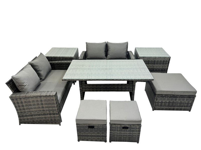 Fimous 7 Seater Wicker PE Rattan Furniture Outdoor Dining Table Double Seat Sofa 2 Side Table 3 Stool Set Dark Grey Mixed