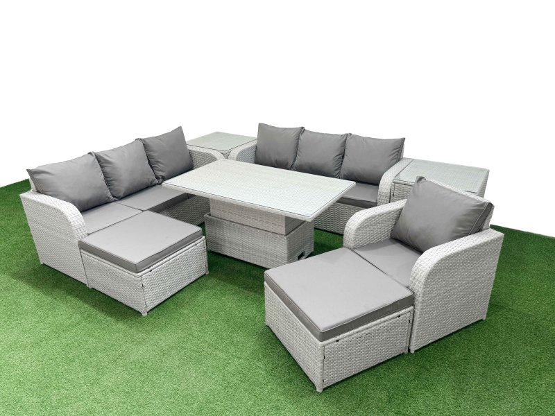 Fimous 9 Seater Poly Rattan Outdoor Garden Furniture Adjustable Lifting Dining or Coffee Table Sofa Set Patio 3 Seater Sofa Reclining Chair 3 Seater Sofa 2 Big Footstools 2 Side Table Light Grey