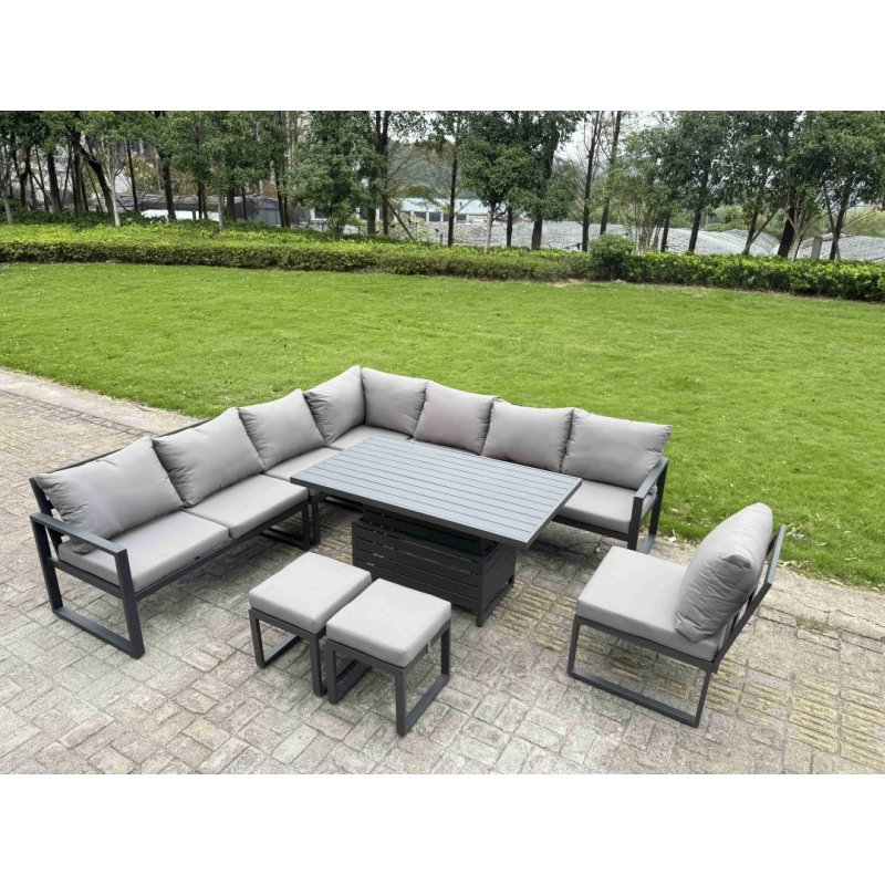 Fimous 7 Pieces Aluminium Garden Furniture Set with Cushions, Patio Furniture Set with Adjustable Rising Lifting Dining Table Dark Grey