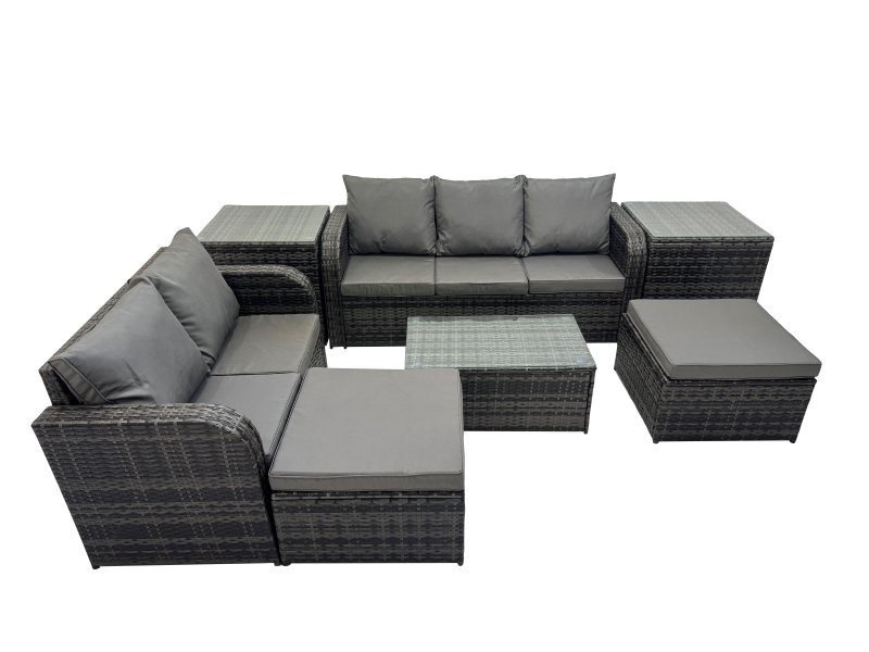 Fimous Outdoor Love Sofa 3 Seater Sofa Coffee Table Set Garden Rattan Furniture Set 7 Seater with 2 Side Tables 2 Big Stool Dark Grey