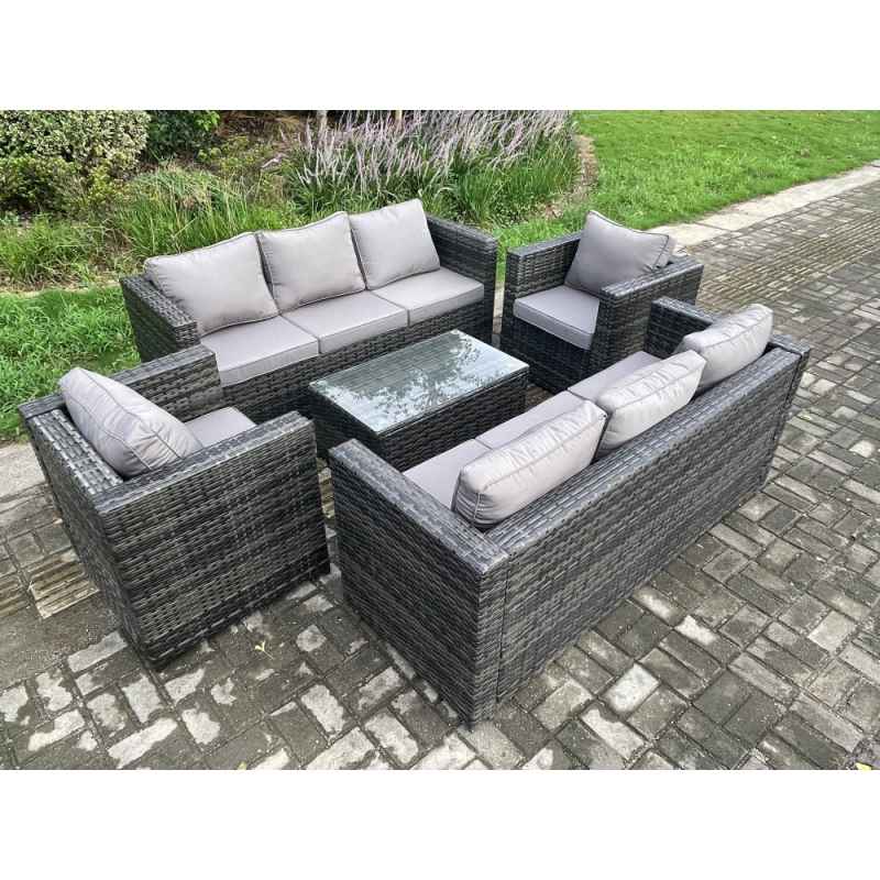 Fimous Wicker PE Rattan Sofa Set Outdoor Patio Garden Furniture with 2 Armchairs Oblong Coffee Table Dark Grey Mixed