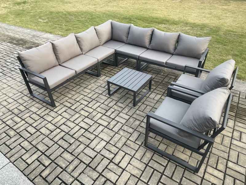 Fimous Outdoor Garden Furniture Patio Lounge Corner Sofa Aluminium Set with Square Coffee Table 2 Pcs Arm Chairs Dark Grey