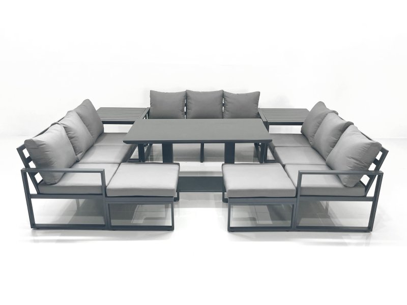 Fimous 11 Seater Garden Sofa Set Aluminium Furniture Rising Dining Tabe Set with 2 Side Tables 2 Big Footstools Dark Grey