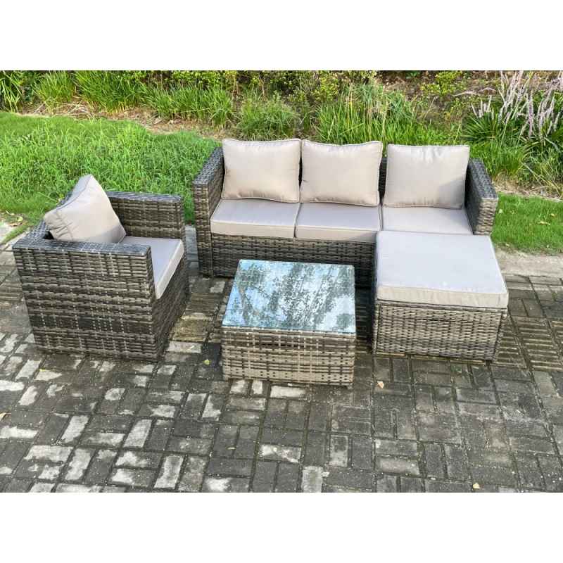 Fimous Rattan Garden Furniture Set Patio Outdoor Lounge Sofa Set with Armchair Square Coffee Table Big Footstool Dark Grey Mixed