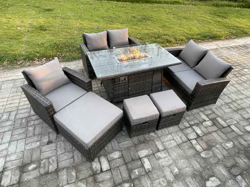 Fimous 8 Seater Rattan Outdoor Garden Furniture Gas Fire Pit Table Sets Gas Heater with Love Sofa Armchair 3 Footstools Dark Mixed Grey