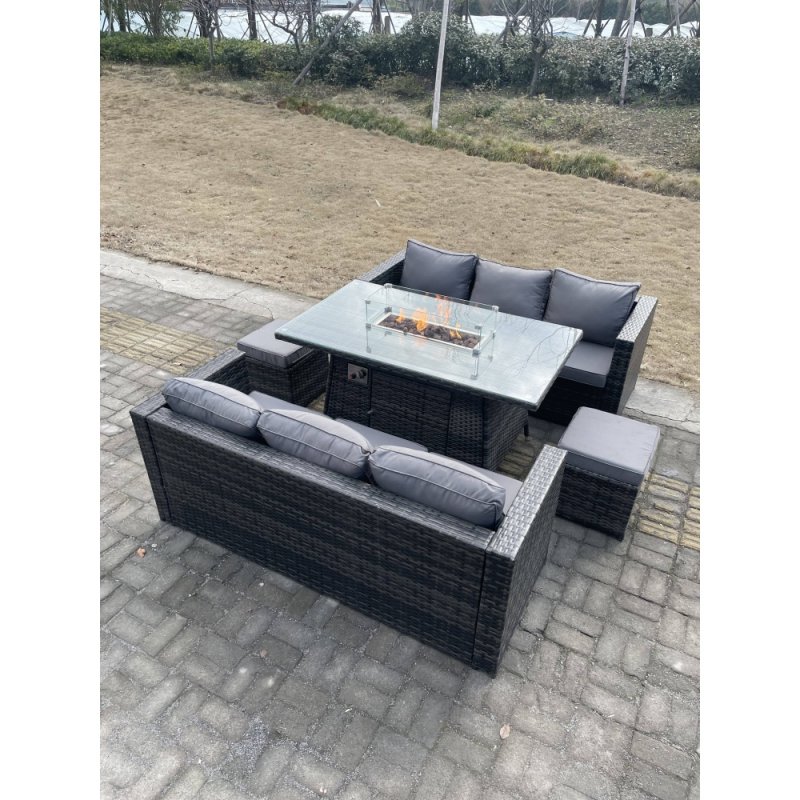 Fimous 8 Seater?Outdoor Rattan Sofa Set Garden Furniture Gas Firepit Set Heater Dining Table Footstools Dark Grey Mixed
