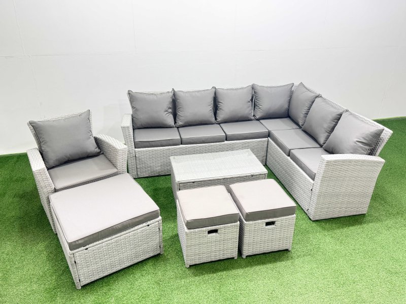 Fimous Garden Outdoor PE Rattan Furniture Set 10 Seater Rattan Garden Sofa Set with 3 Footstools Light Grey Mixed