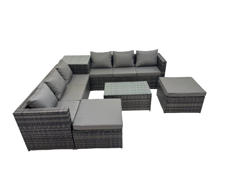 Fimous 8 Seater Garden Outdoor Rattan Furniture Set Patio Corner Sofa Rectangular Coffee Table with Side Table 2 Big Stool Dark Grey