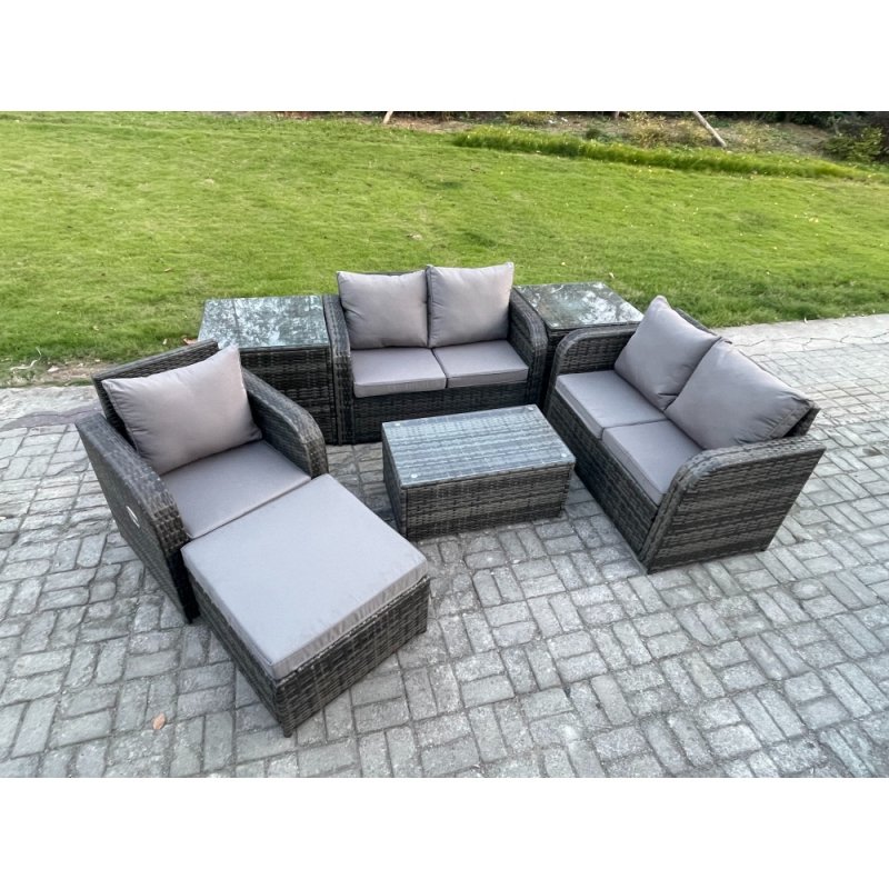 Fimous High Back Rattan Garden Furniture Set with Loveseat Sofa Rectangular Coffee Table 2 Side Tables Big Footstool Indoor Outdoor Patio Lounge Sofa Set Dark Grey Mixed