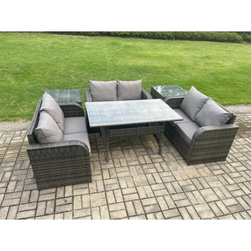 Fimous 6 Seater Outdoor Rattan Garden Furniture Set with Patio Love Sofa Rectangular Dining Table 2 Side Tables Dark Grey Mixed