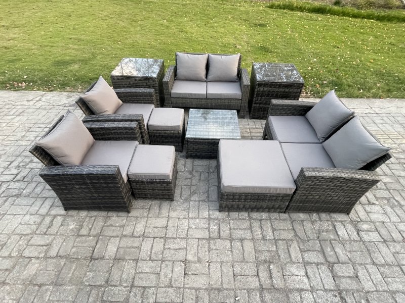 Fimous Outdoor Garden Furniture Sets 10 Pieces Wicker Rattan Furniture Manual Wicker Patio Sofa Patio Conversation Set with 3 Footstools 2 Side Tables Dark Grey Mixed