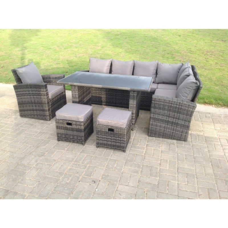 Fimous 9 Seater High Back Rattan Garden Furniture Set Corner Sofa With Black Tempered Glass Dining Table Footstool With Chair