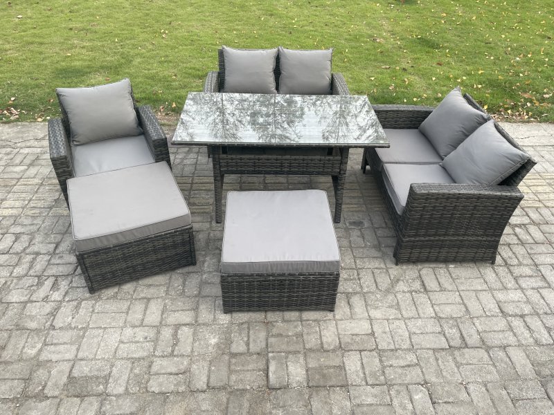 Fimous High Back Outdoor Garden Furniture Rattan Sofa Dining Table Set with Armchair 2 Big Footstool Dark Grey Mixed