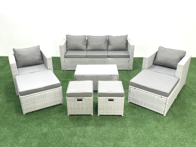 Fimous 8 Pieces Rattan Garden Furniture Set Outdoor Garden Sofa Chair Coffee Table Set with 4 Footstools Light Grey Mixed