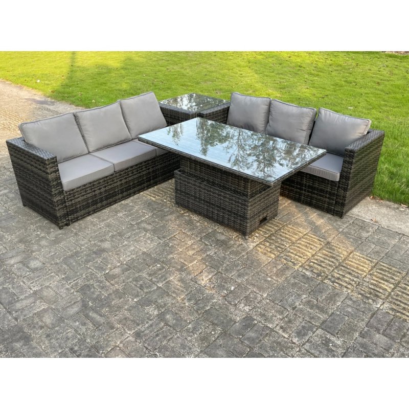Fimous 6 Seater?Outdoor Rattan Sofa Set Adjustable Rising Lifting Dining Table Side Tea Coffee Table Dark Grey Mixed