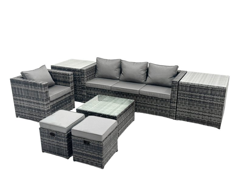 Fimous Outdoor Rattan Garden Furniture Set 6 Seater Patio Lounge Sofa Set with Armchair Square Coffee 2 Table Side Table 2 Small Footstools Dark Grey Mixed