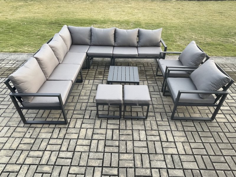 Fimous Aluminium Outdoor Garden Furniture Set Lounge Corner Sofa 2 Pcs Chair Square Coffee Table Sets with 2 Small Footstools Dark Grey