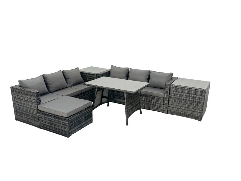 Fimous Rattan Dining Table Sofa Set with 2 Side Tables Big Footstool Outdoor Garden Furniture Set Dark Grey Mixed