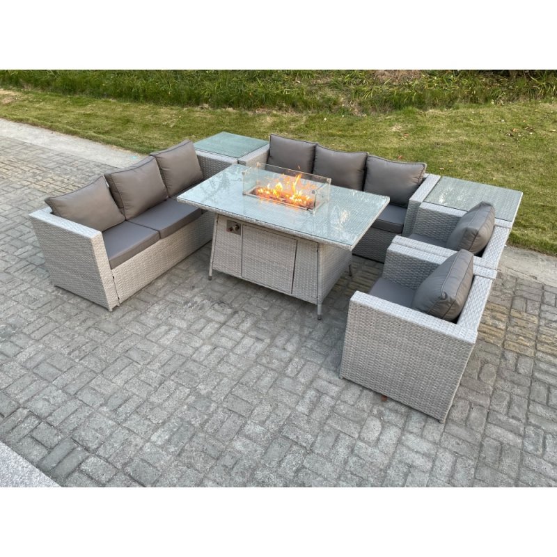 Fimous Light Grey Rattan Fire Pit Garden Furniture Set Gas Heater Burner Lounge Sofa Dining Set 2 Side Coffee Table And Chairs