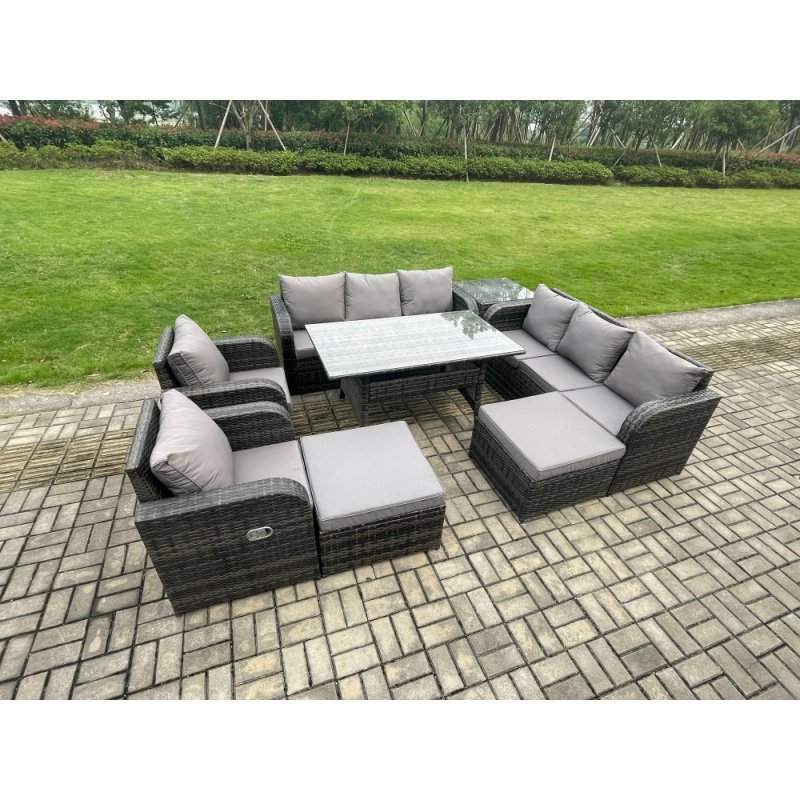 Fimous 10 Seater Rattan Garden Furniture Set Oblong Rectangular Dining Table and Chairs Set with 3 Seater Sofa 2 Big Footstool Side Table Dark Grey Mixed
