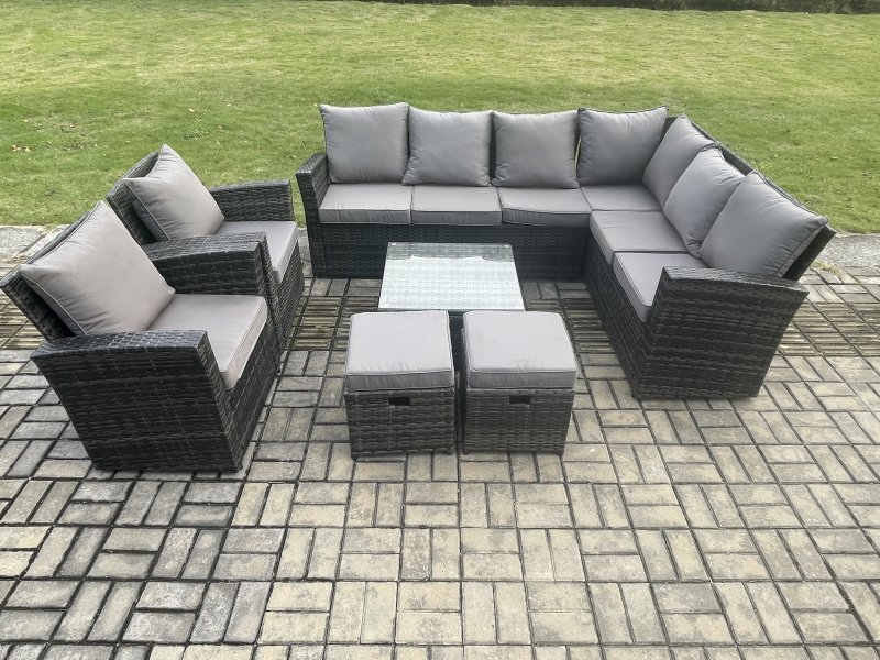 Fimous 10 Seat Rattan Garden Furniture Corner Sofa Set Outdoor Patio Sofa Table Set with 2 Small Footstools 2 Armchairs Dark Grey Mixed
